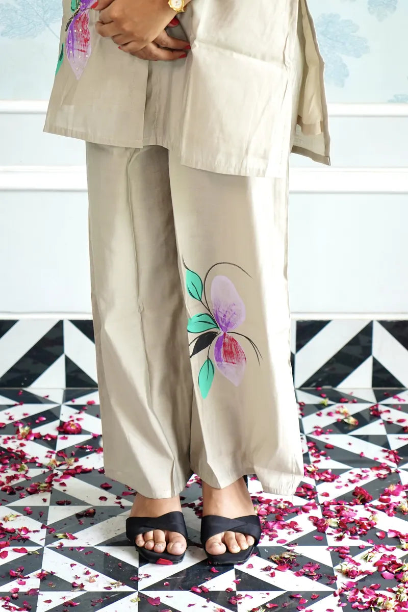BLOSSOM BEIGE CO-ORD SET WITH HAND-PAINTED FLORAL ACCENTS