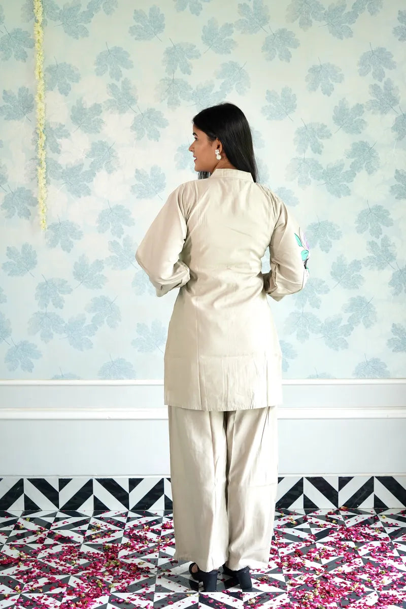 BLOSSOM BEIGE CO-ORD SET WITH HAND-PAINTED FLORAL ACCENTS