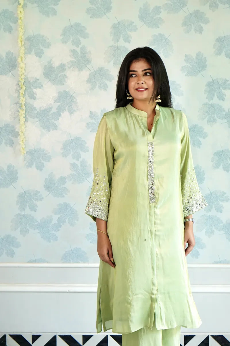 PASTEL ELEGANCE: PISTACHIO GREEN SEQUIN KURTA SET