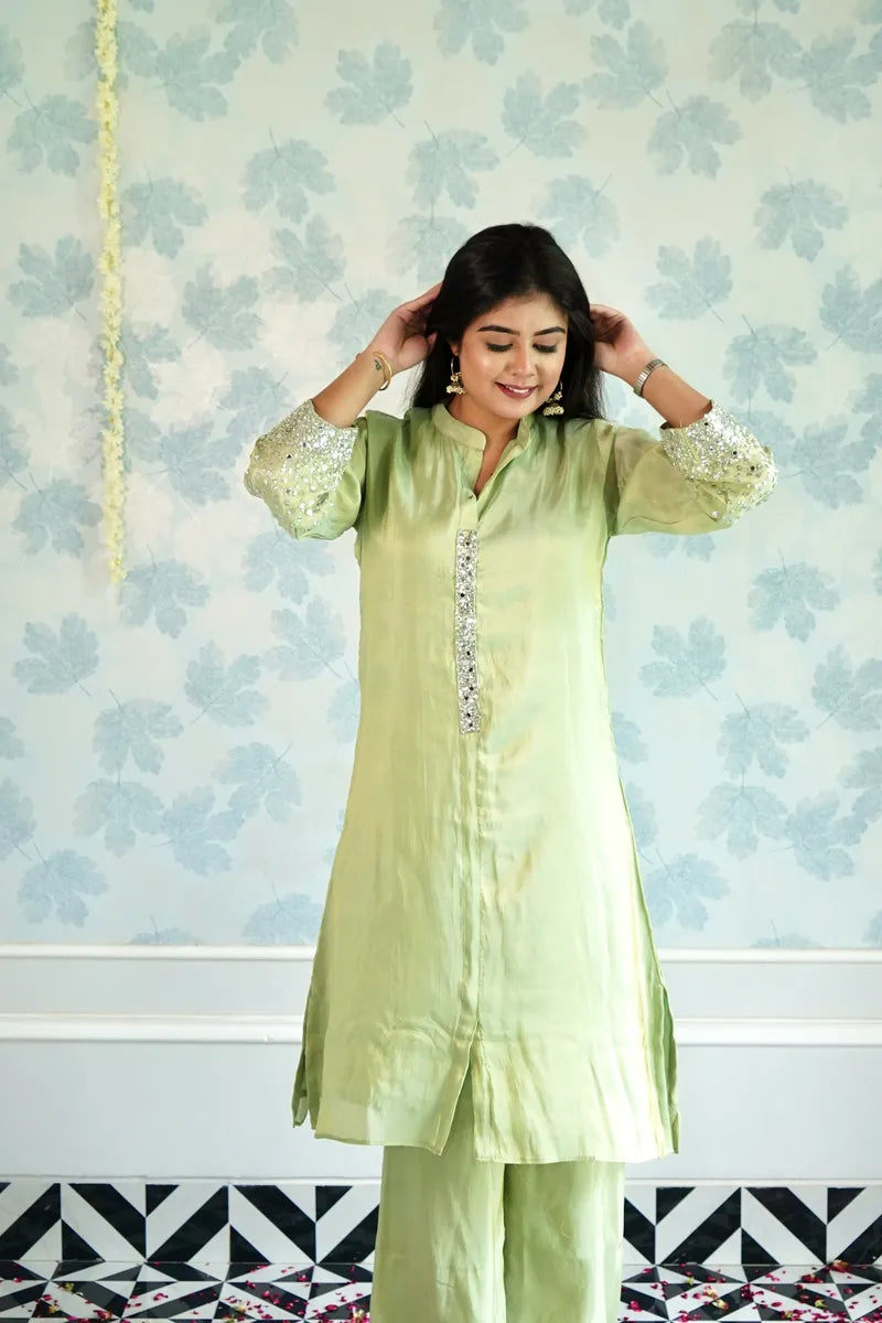 PASTEL ELEGANCE: PISTACHIO GREEN SEQUIN KURTA SET