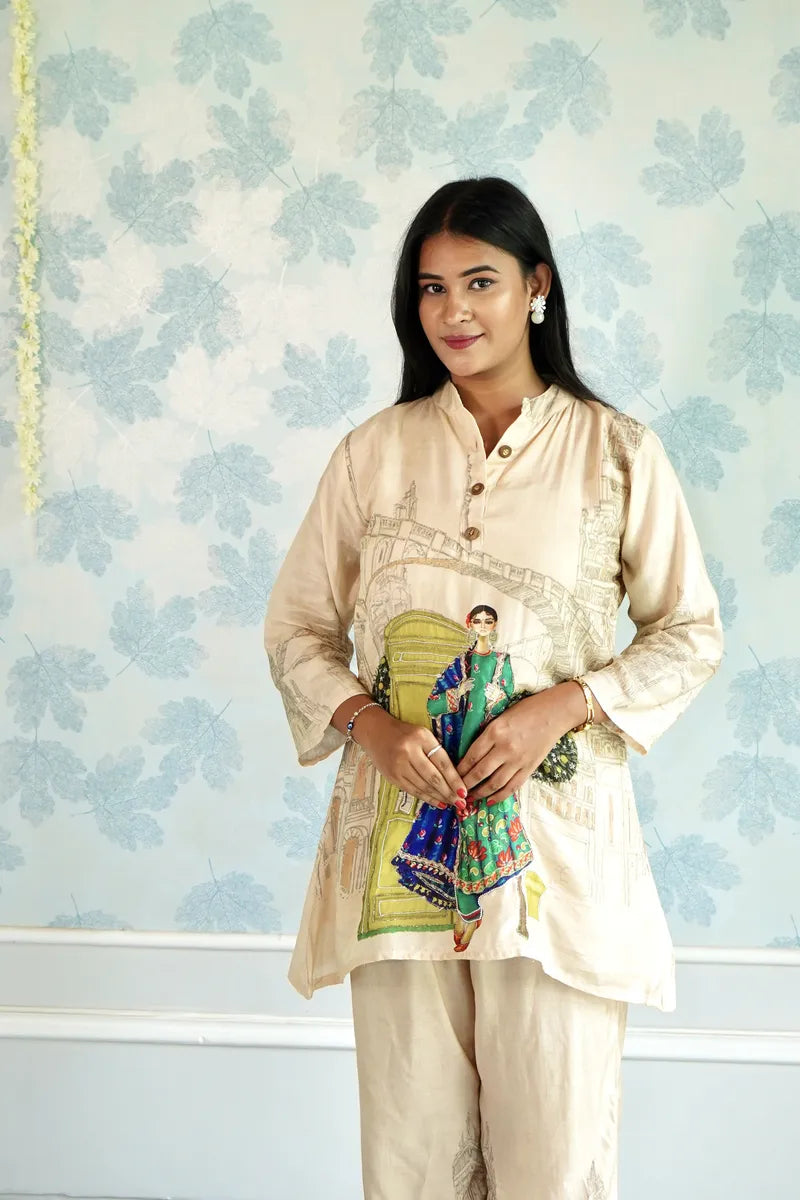 HERITAGE CHARM: HAND-PAINTED BEIGE KURTA SET