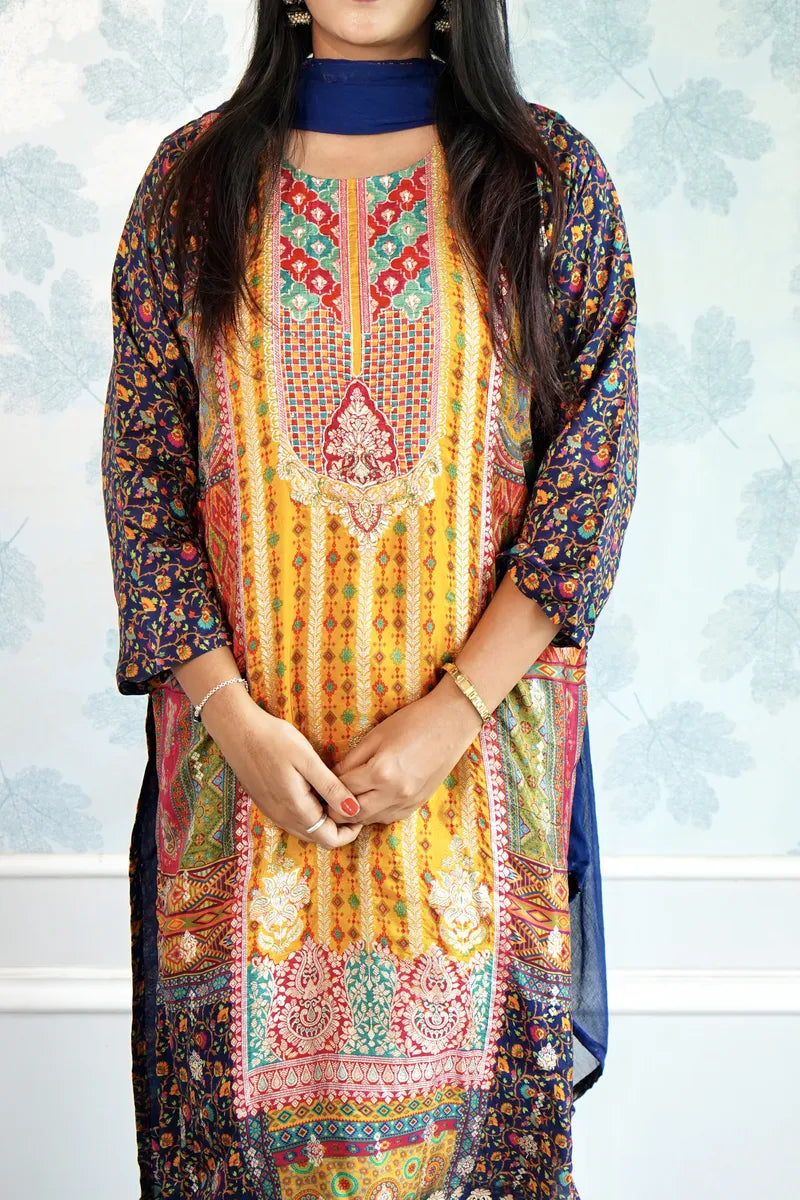 GOLDEN HOUR GLAM – MUSTARD BANARASI WITH NAVY ACCENTS