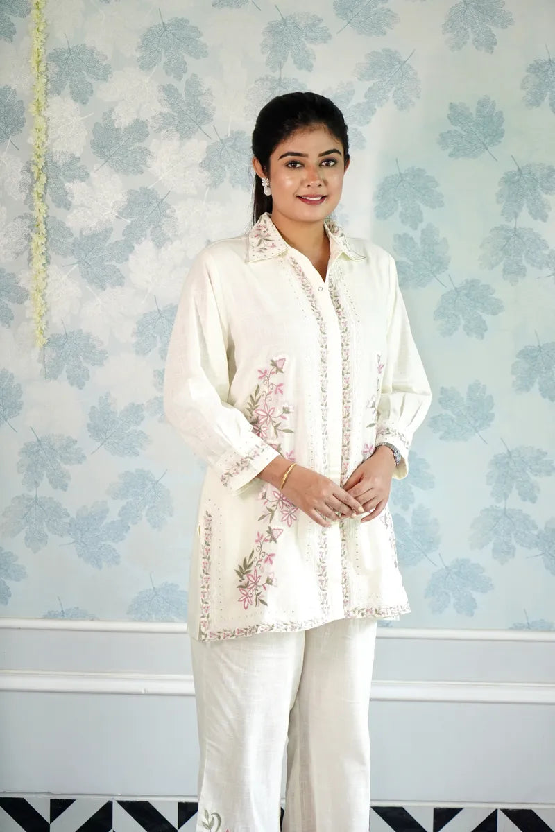 "ELEGANT IVORY: FLORAL EMBROIDERED CO-ORD SET"