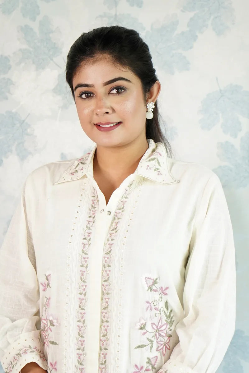 "ELEGANT IVORY: FLORAL EMBROIDERED CO-ORD SET"