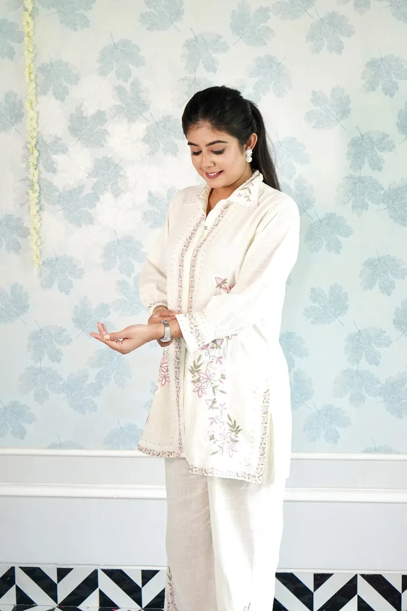 "ELEGANT IVORY: FLORAL EMBROIDERED CO-ORD SET"