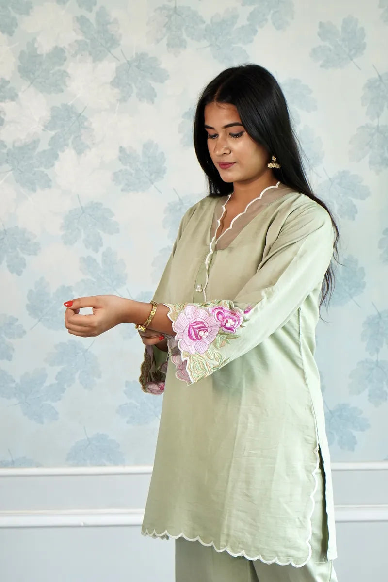 ROSE WHISPER – SAGE GREEN CO-ORD WITH EMBROIDERED SLEEVES