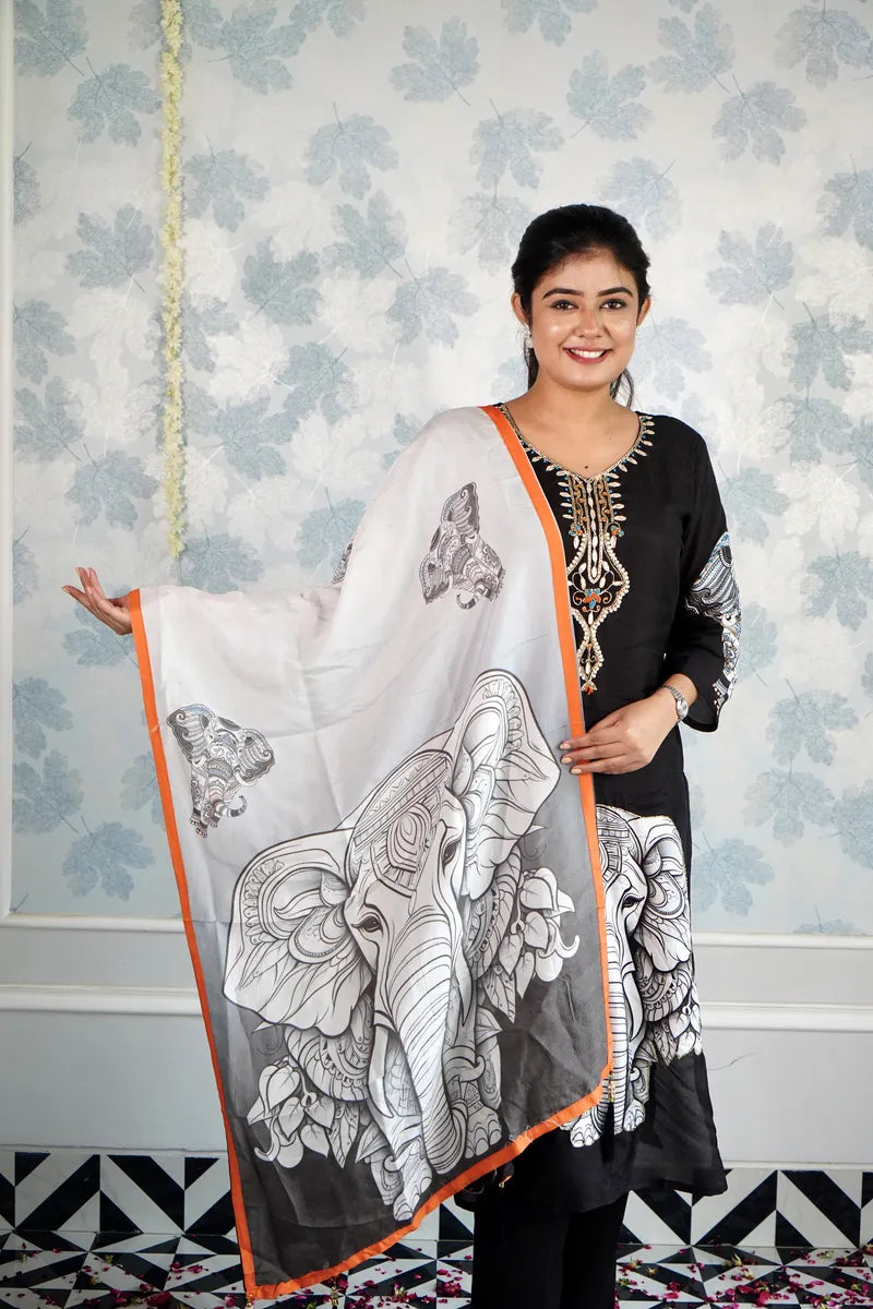 ROYAL GRACE – BLACK ENSEMBLE WITH MAJESTIC ELEPHANT ART DUPATTA