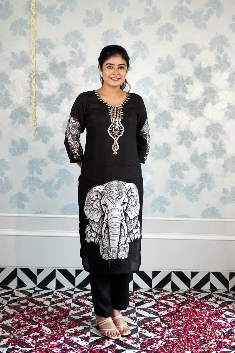 ROYAL GRACE – BLACK ENSEMBLE WITH MAJESTIC ELEPHANT ART DUPATTA
