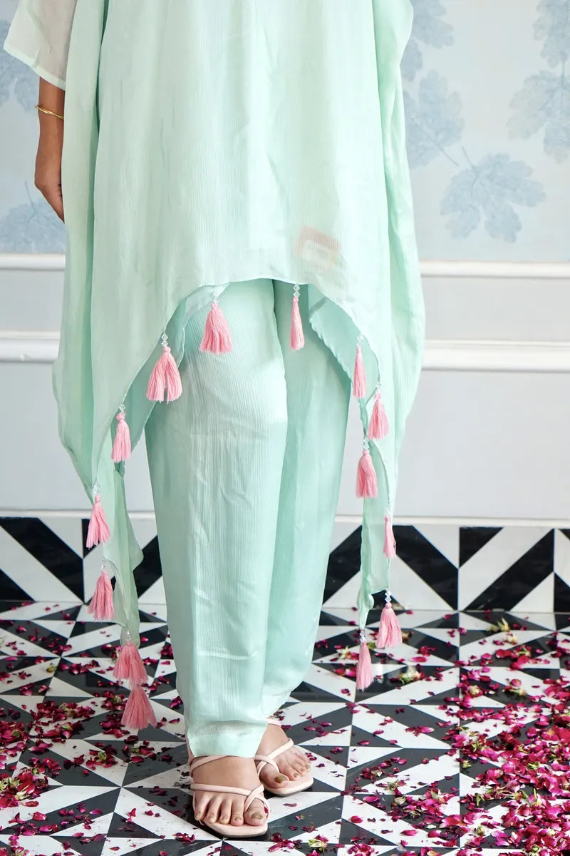 SEAFOAM SERENITY – ELEGANT CORD SET WITH PINK TASSELS