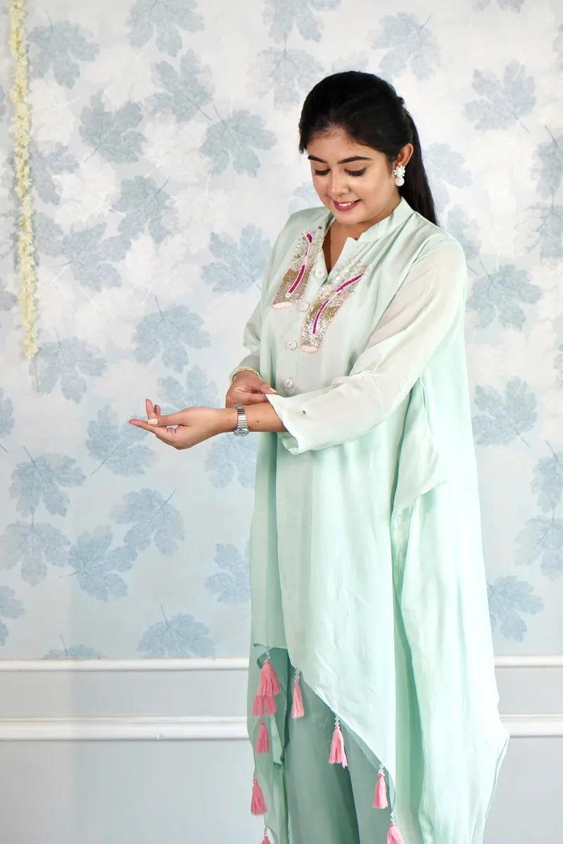 SEAFOAM SERENITY – ELEGANT CORD SET WITH PINK TASSELS