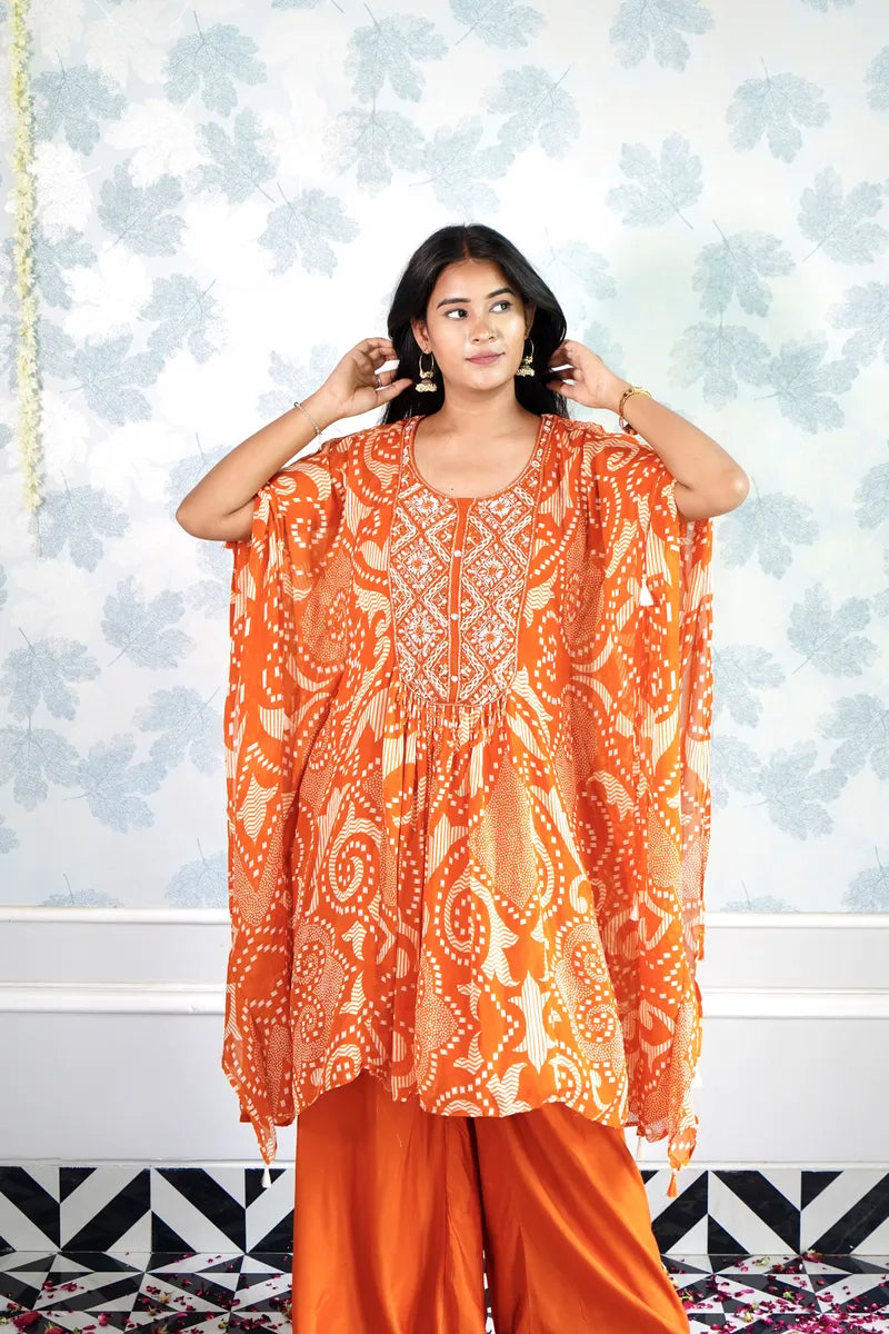 "SUNSET GLOW: BOHO PRINT ORANGE KAFTAN SET"
