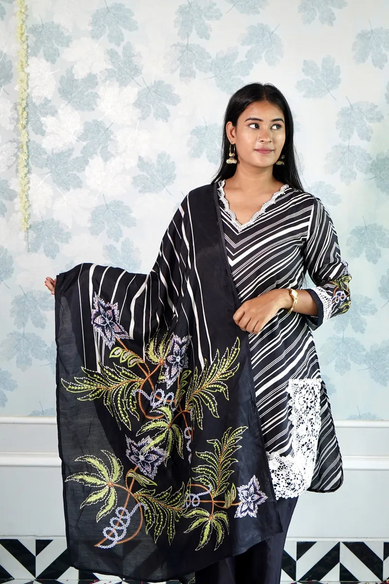 MIDNIGHT BLOOM – BLACK & WHITE STRIPED SUIT WITH FLORAL EMBROIDERED DUPATTA"