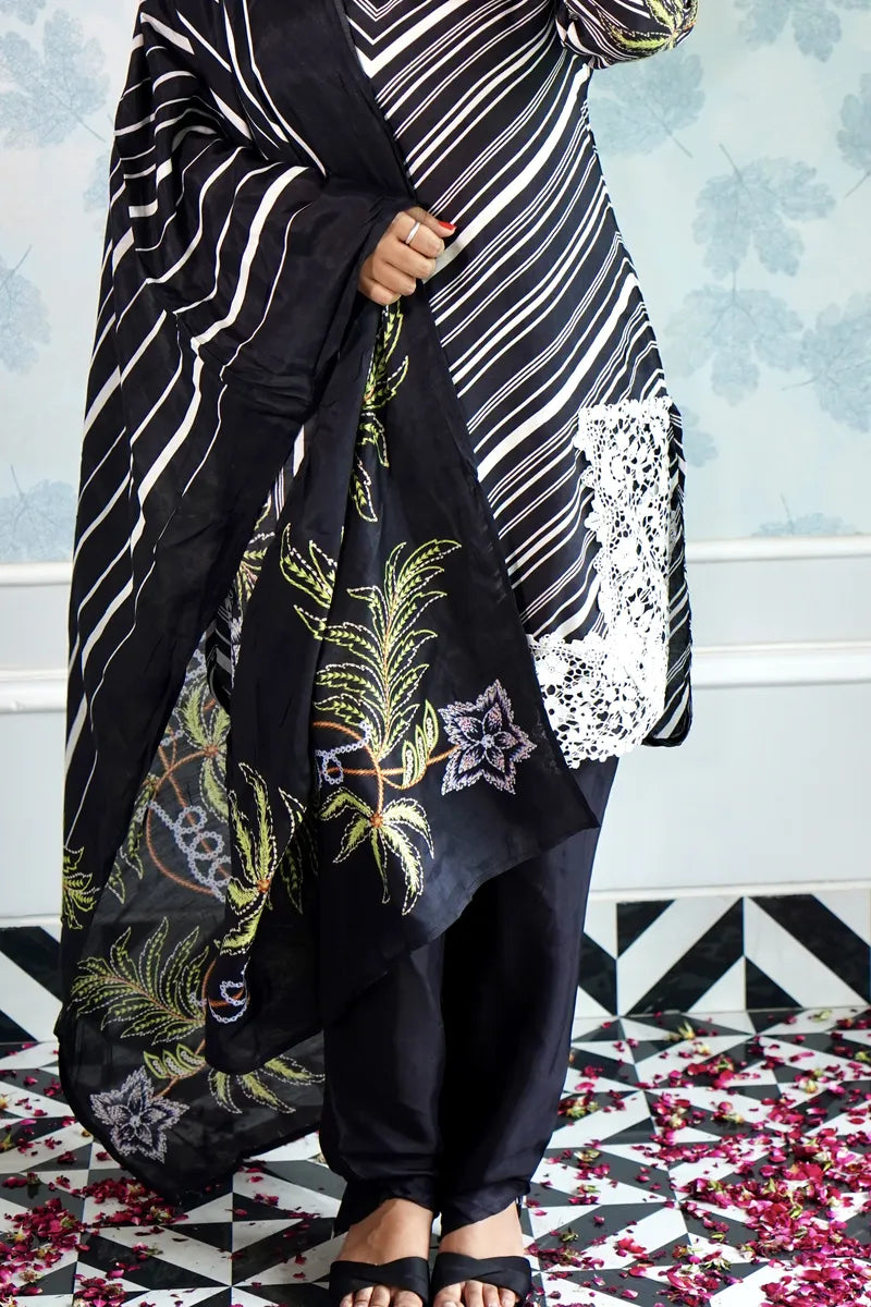 MIDNIGHT BLOOM – BLACK & WHITE STRIPED SUIT WITH FLORAL EMBROIDERED DUPATTA"