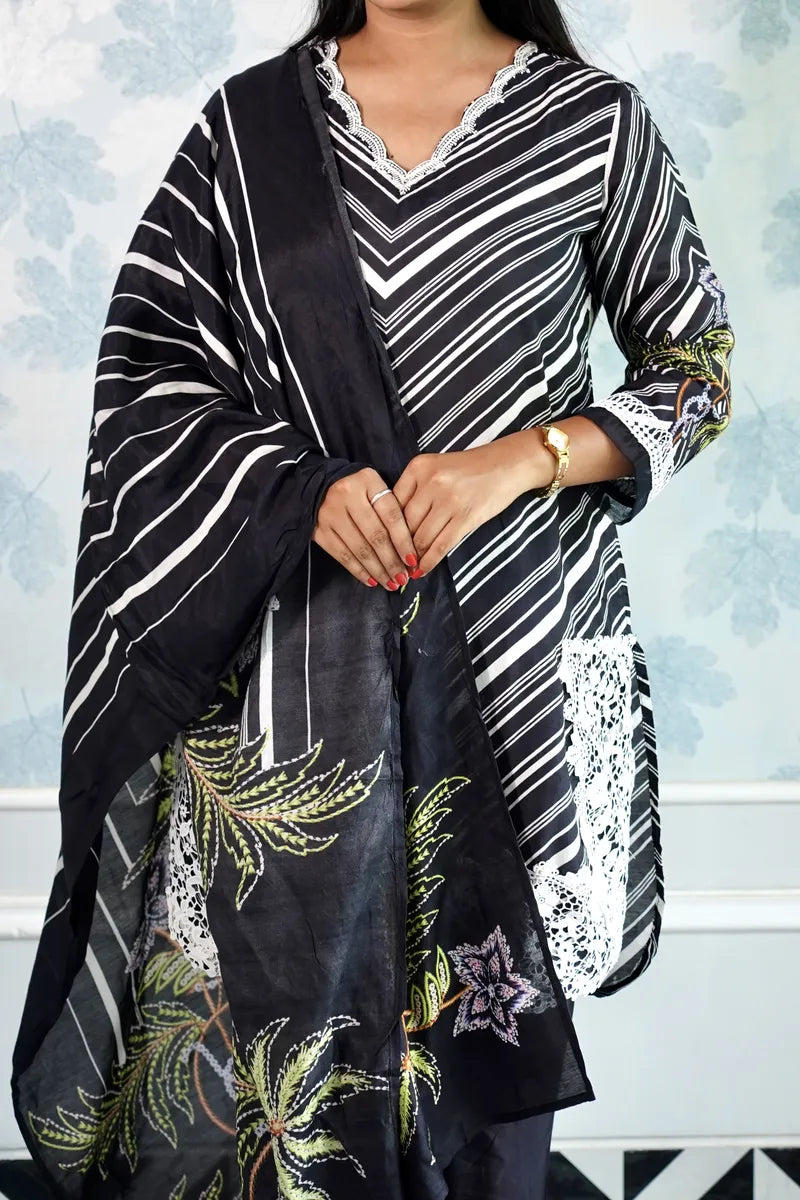 MIDNIGHT BLOOM – BLACK & WHITE STRIPED SUIT WITH FLORAL EMBROIDERED DUPATTA"