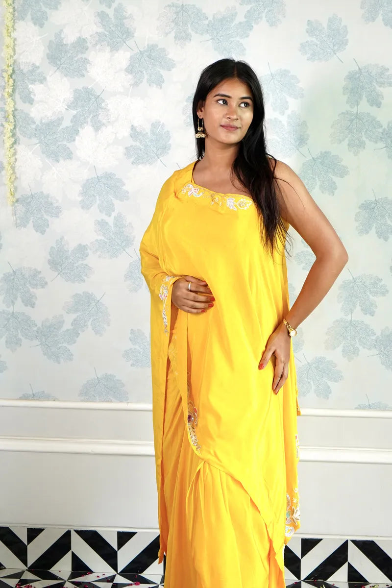 SUNSHINE YELLOW ONE-SHOULDER DRAPE DRESS WITH FLORAL EMBROIDERY