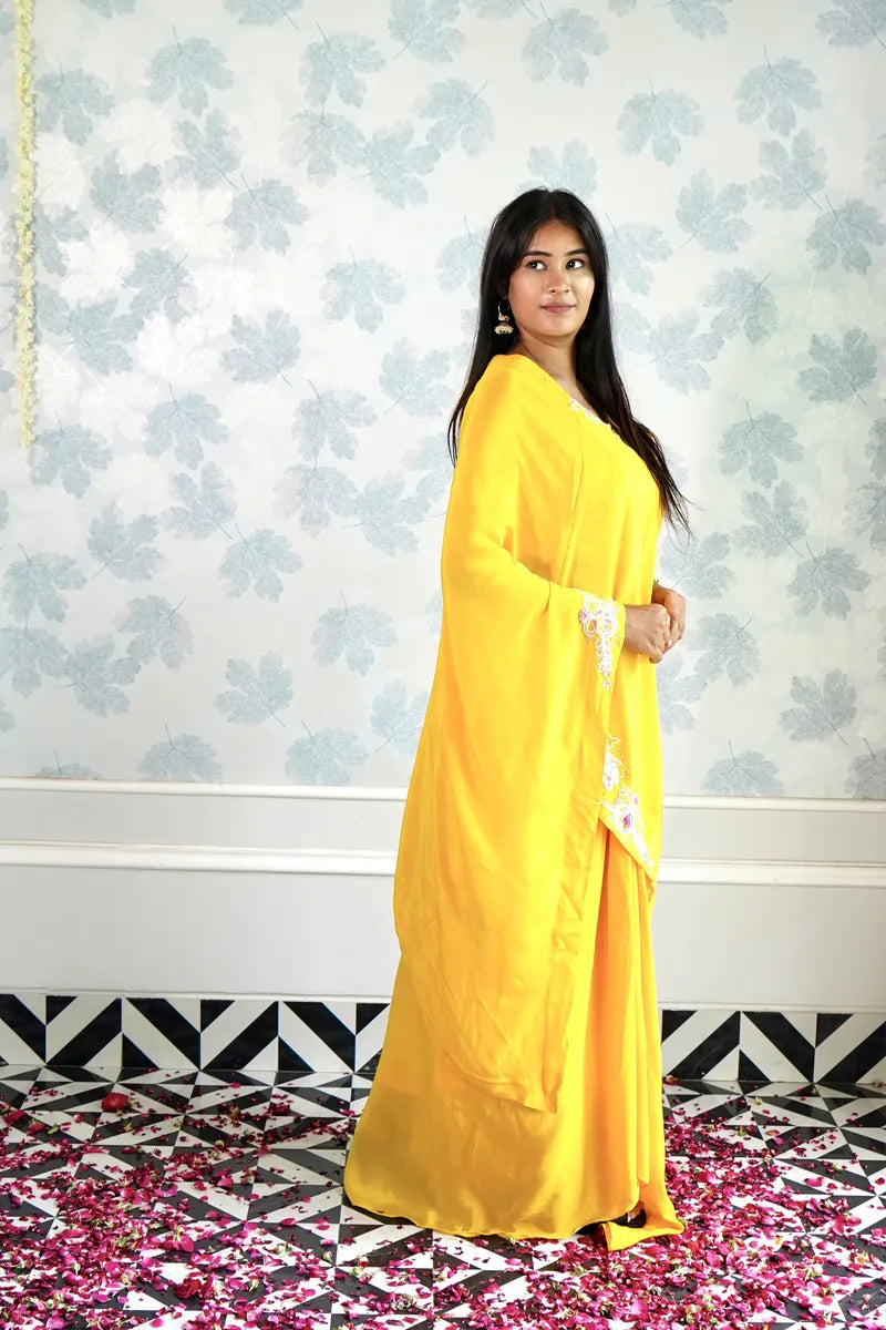 SUNSHINE YELLOW ONE-SHOULDER DRAPE DRESS WITH FLORAL EMBROIDERY