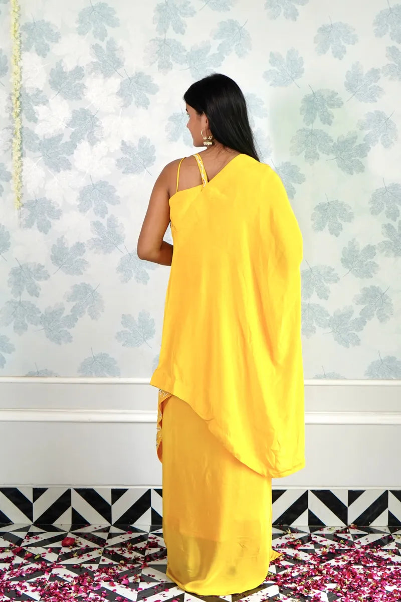 SUNSHINE YELLOW ONE-SHOULDER DRAPE DRESS WITH FLORAL EMBROIDERY