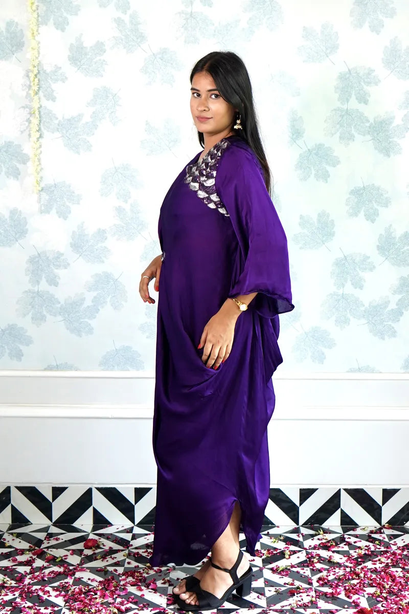 ROYAL PURPLE DRAPED KAFTAN WITH SILVER SEQUIN DETAILING