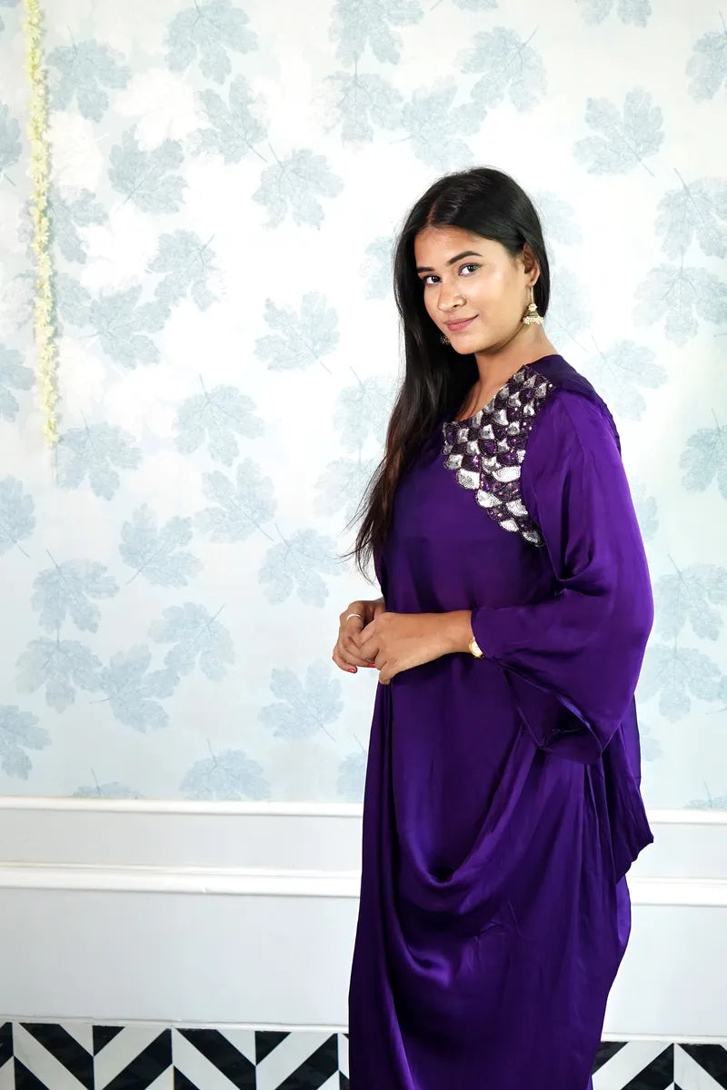 ROYAL PURPLE DRAPED KAFTAN WITH SILVER SEQUIN DETAILING
