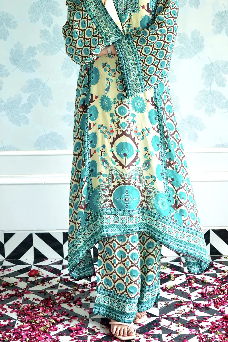 TURQUOISE AND CREAM PRINTED KURTA SET WITH ETHNIC FLORAL MOTIFS & STATEMENT SLEEVES