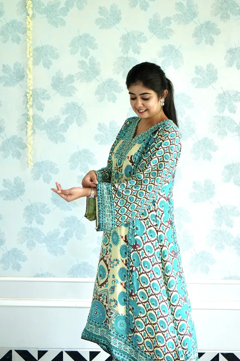 TURQUOISE AND CREAM PRINTED KURTA SET WITH ETHNIC FLORAL MOTIFS & STATEMENT SLEEVES