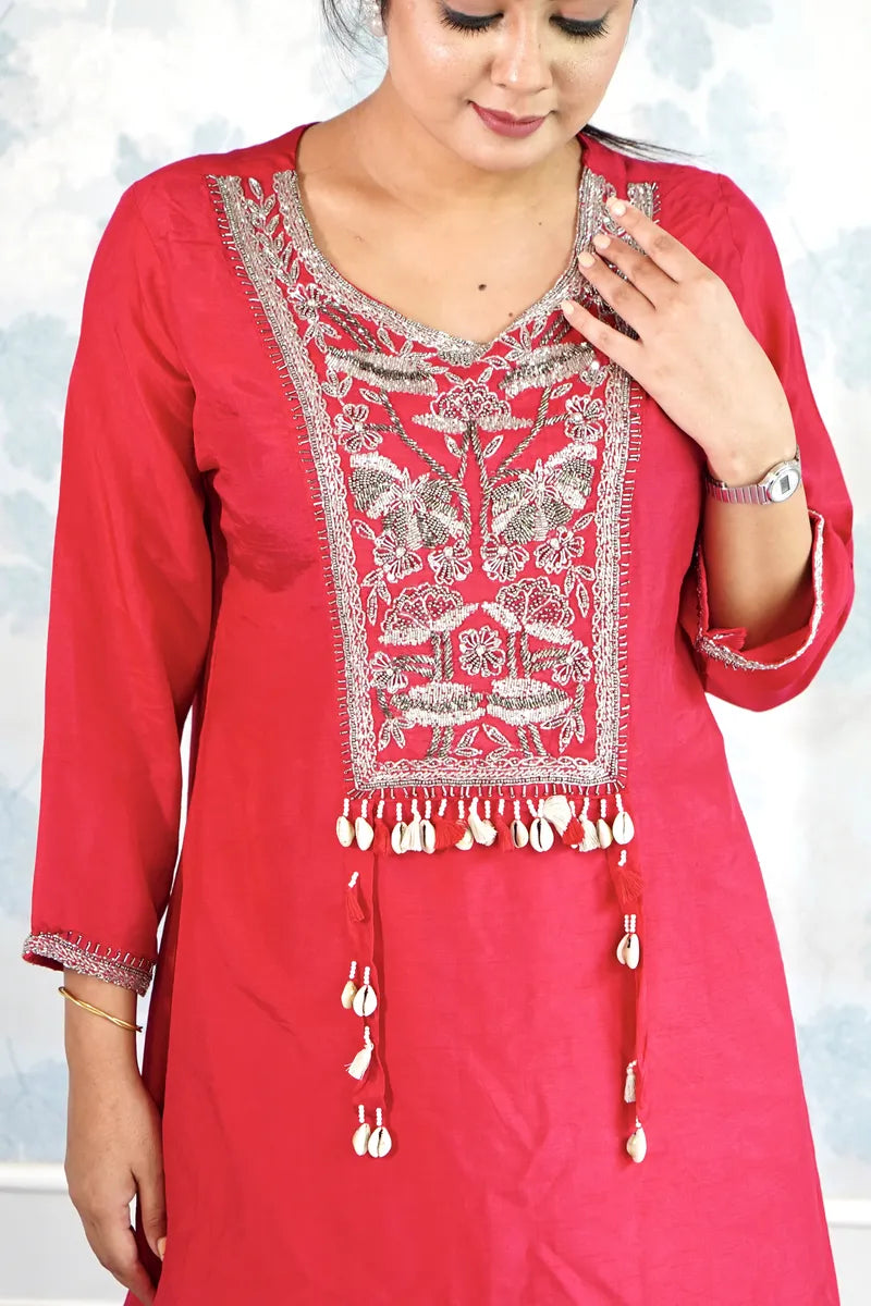 ROSY PINK EMBROIDERED KURTA SET WITH SHELL TASSEL DETAILING