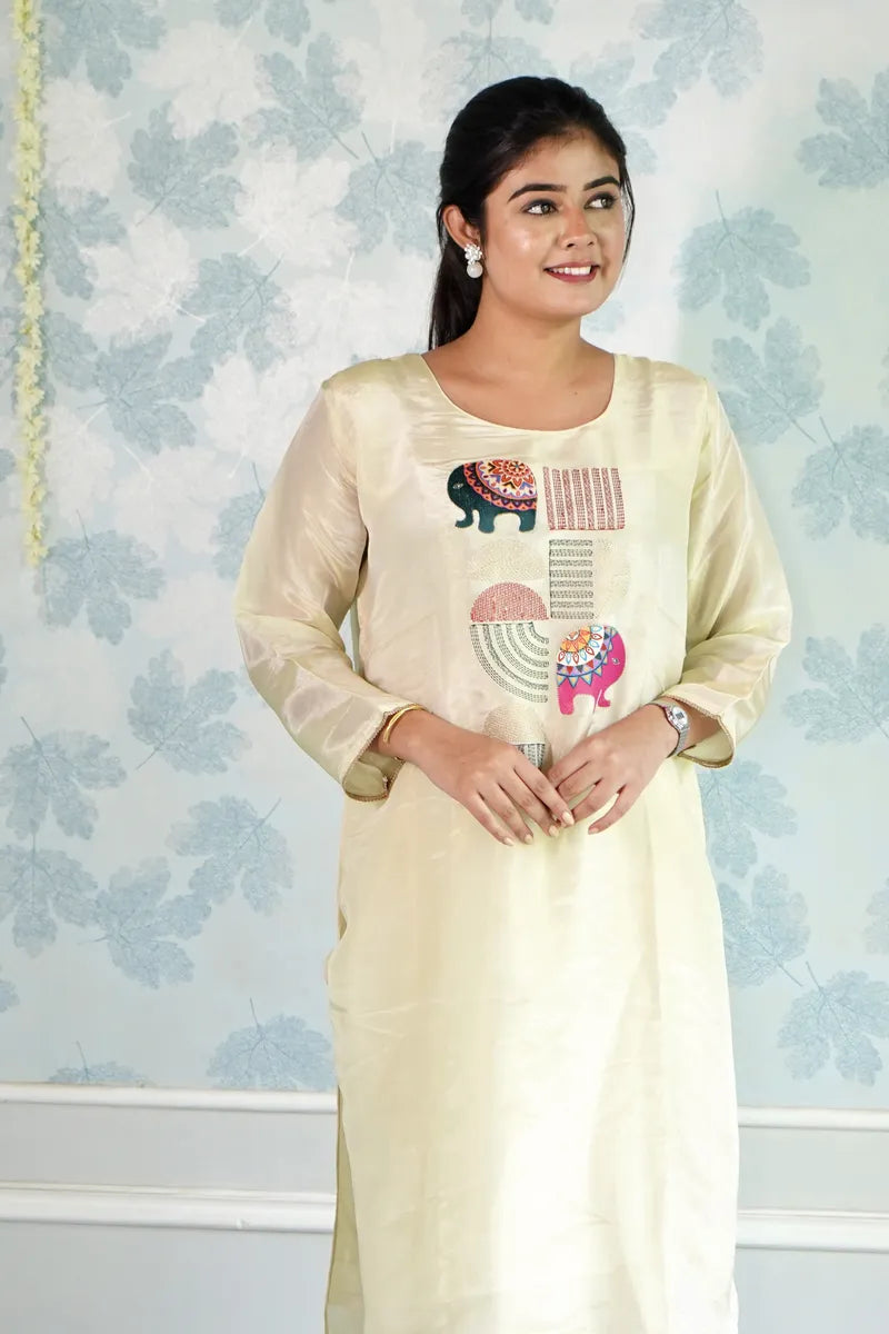 IVORY STRAIGHT KURTA SET WITH COLORFUL ELEPHANT & ABSTRACT EMBROIDERY