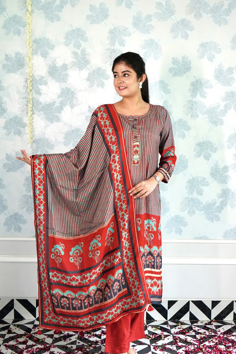 FESTIVE STRIPES & FLORALS SUIT WITH DUPATTA