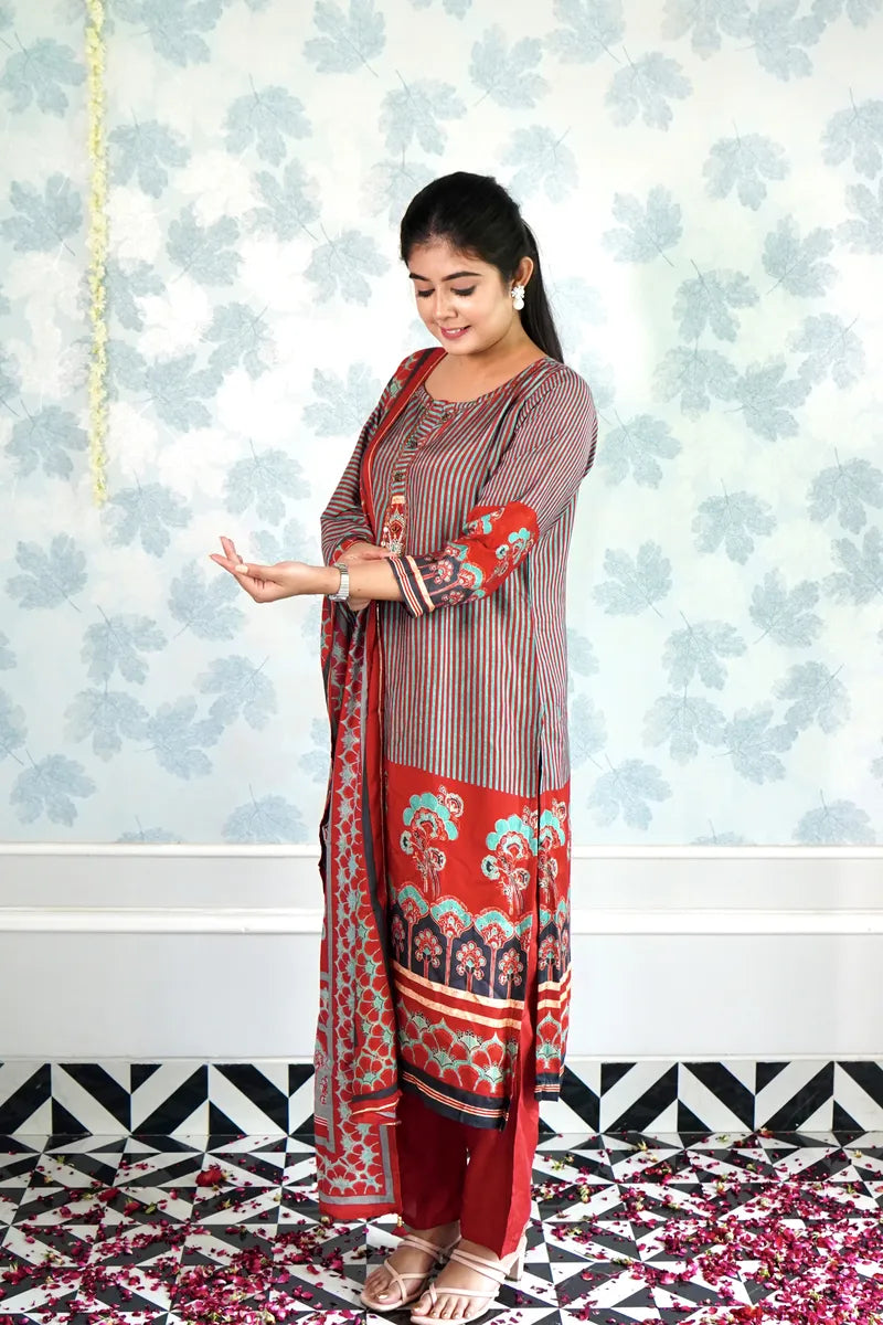 FESTIVE STRIPES & FLORALS SUIT WITH DUPATTA