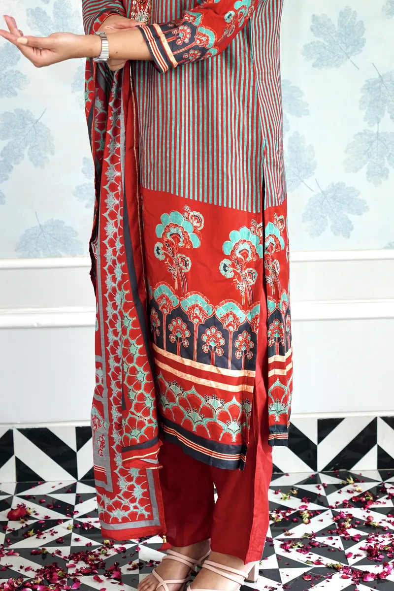 FESTIVE STRIPES & FLORALS SUIT WITH DUPATTA