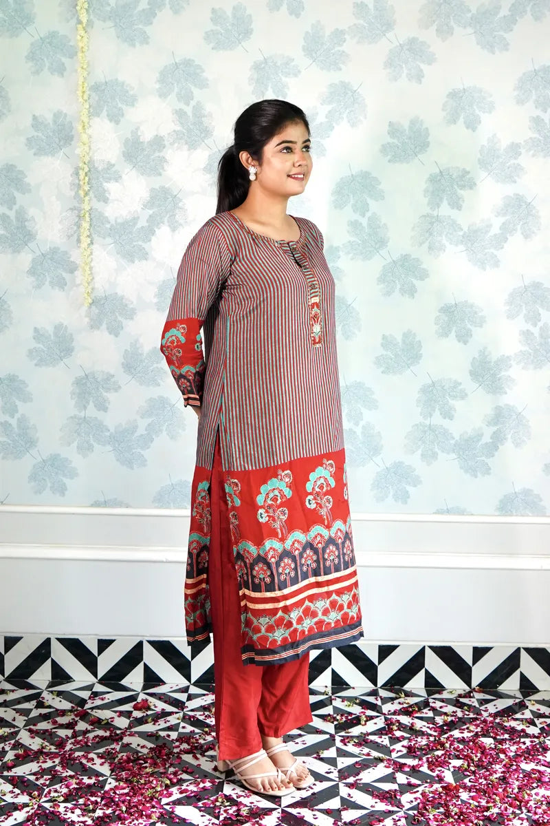 FESTIVE STRIPES & FLORALS SUIT WITH DUPATTA