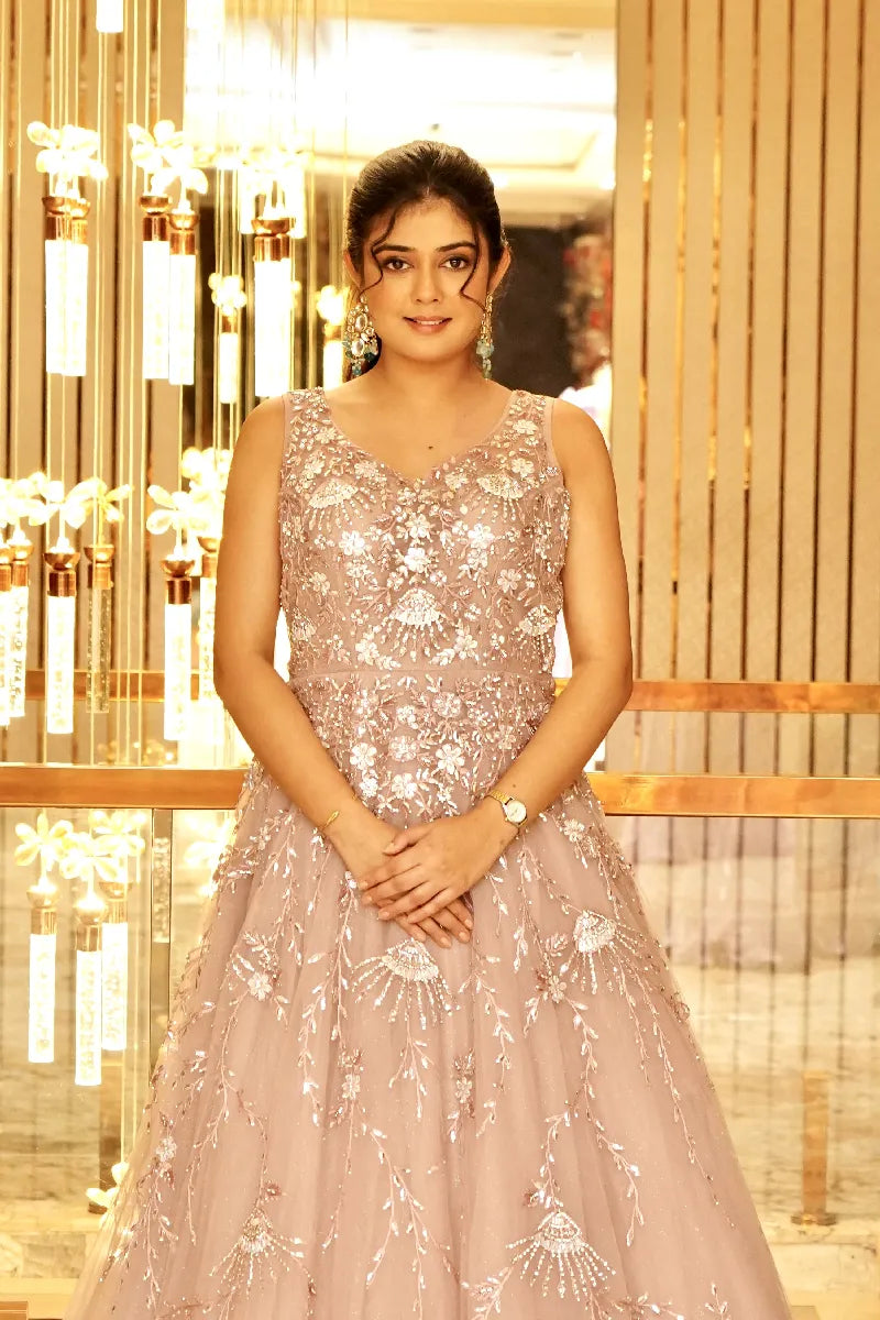 EVER ELEGANT WITH SEQUENCE CUTDANA WORK BROWN COLOR BRIDAL GOWN