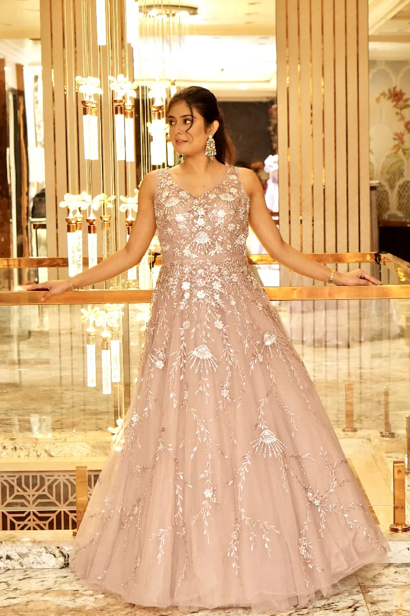 EVER ELEGANT WITH SEQUENCE CUTDANA WORK BROWN COLOR BRIDAL GOWN