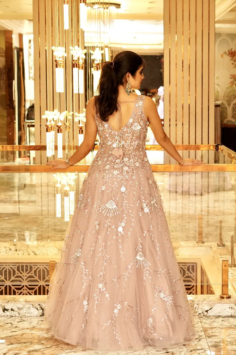 EVER ELEGANT WITH SEQUENCE CUTDANA WORK BROWN COLOR BRIDAL GOWN