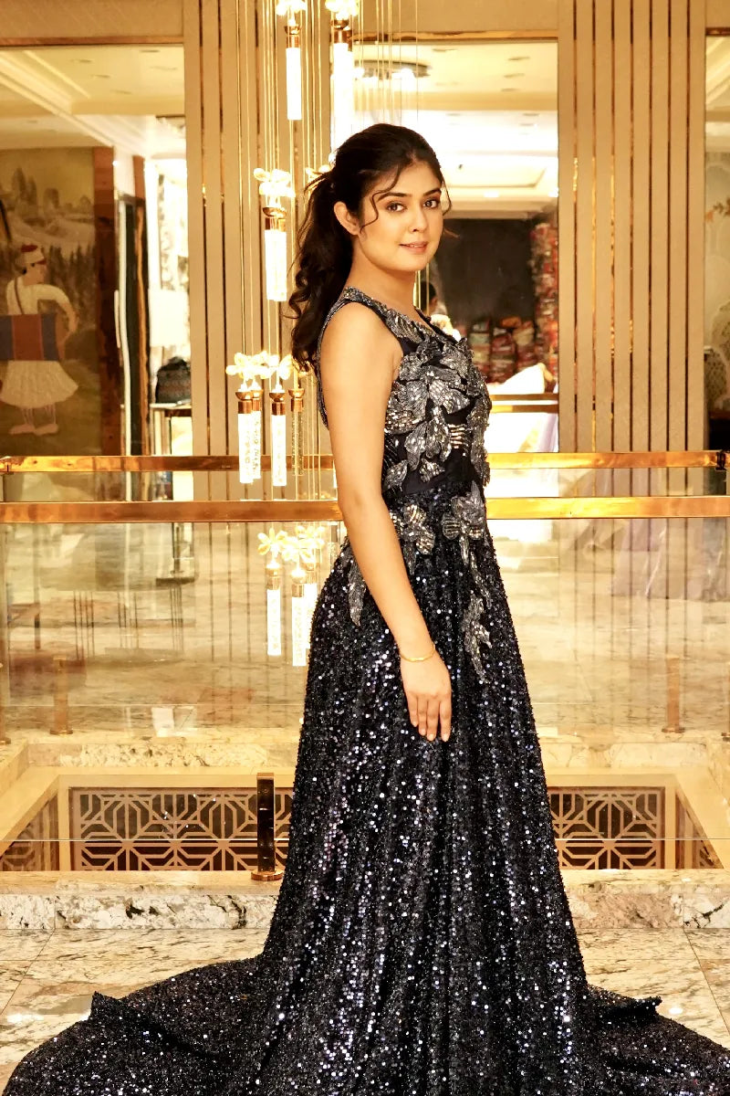 BLACK COCKTAIL NET GOWN WITH PEARL SEQEUNCE WORK