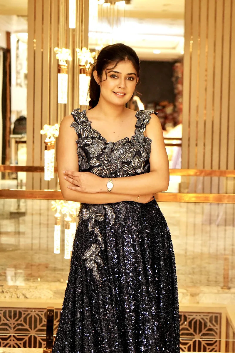BLACK COCKTAIL NET GOWN WITH PEARL SEQEUNCE WORK