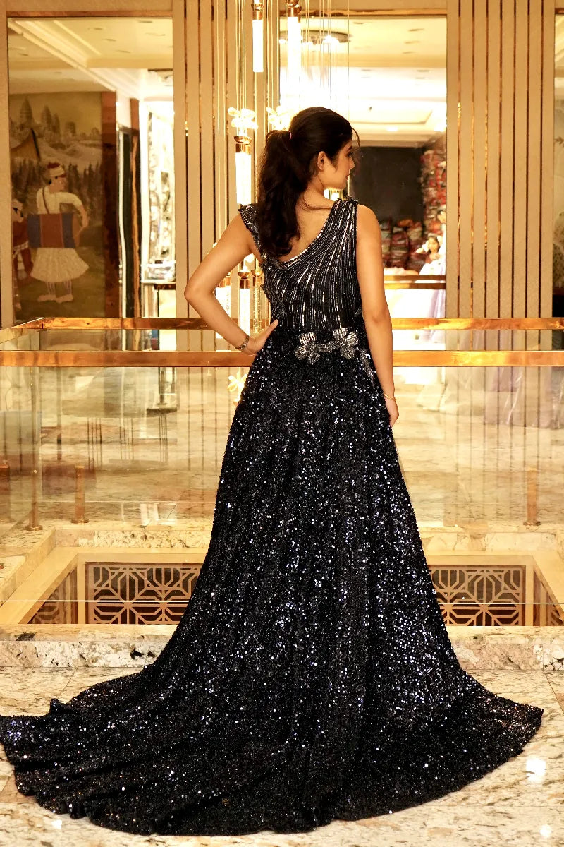 BLACK COCKTAIL NET GOWN WITH PEARL SEQEUNCE WORK