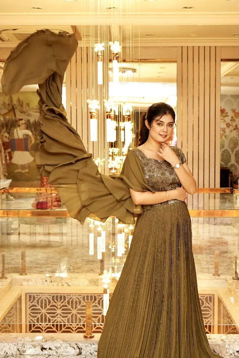 CLASSIC LUXE EVENING OLIVE COLOR GOWN
