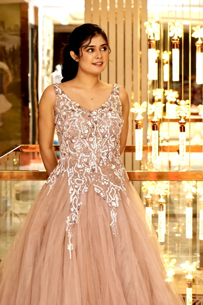 GLEAM & GRACE BRIDAL MAUVE PINK COLOUR DESIGNEER GOWN