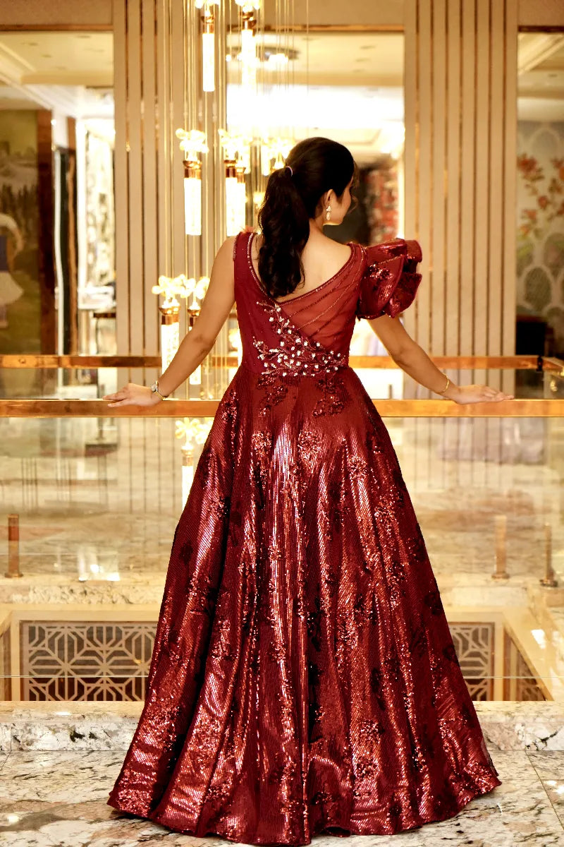 MAROON SEQUINS EMBROIDERED NET COCKTAIL GOWN