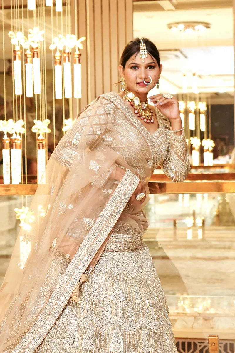BEIGE COLOR THREE PIECES CROP TOP INDO WESTERN