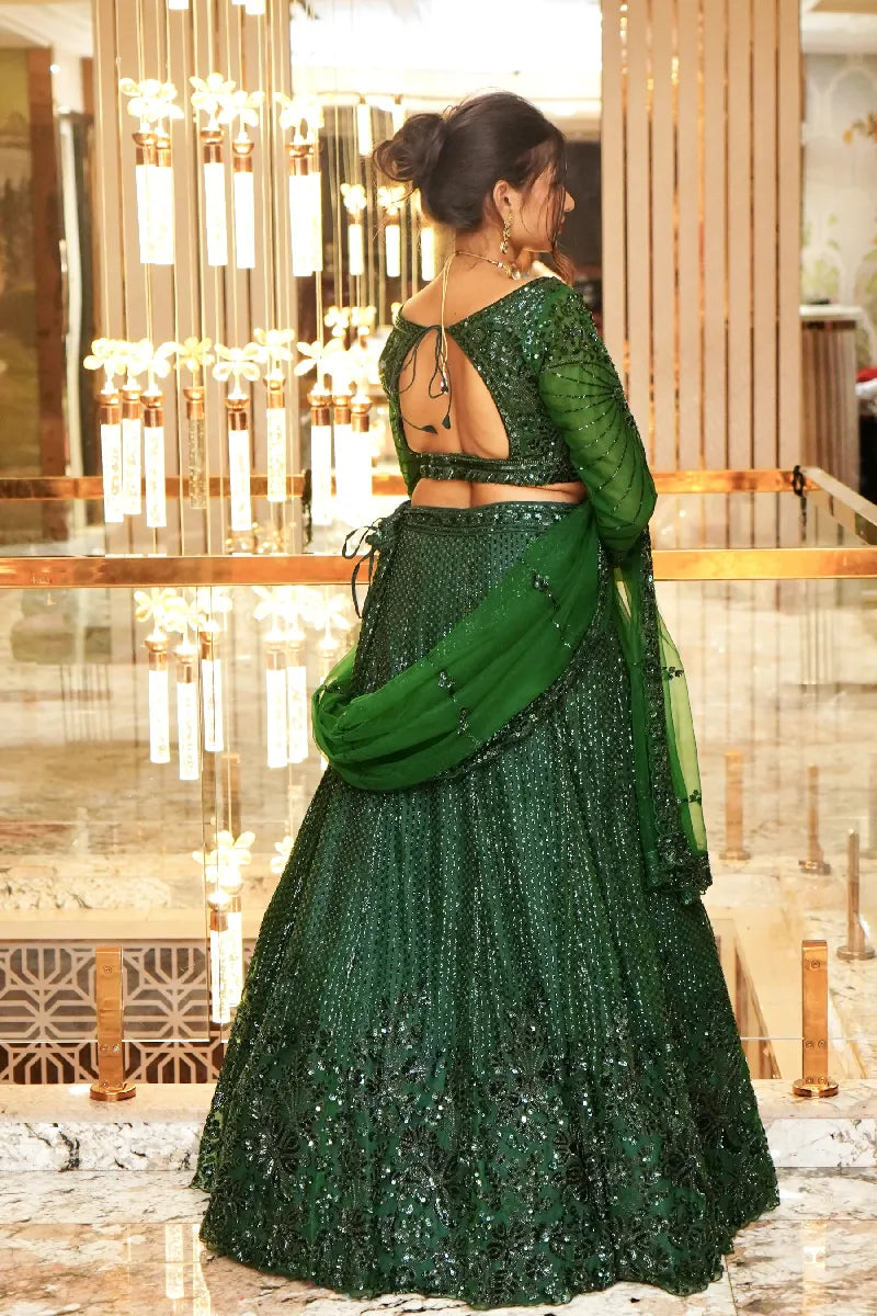 BOTTLE GREEN COLOR THREE PIECES CROP TOP INDO WESTERN