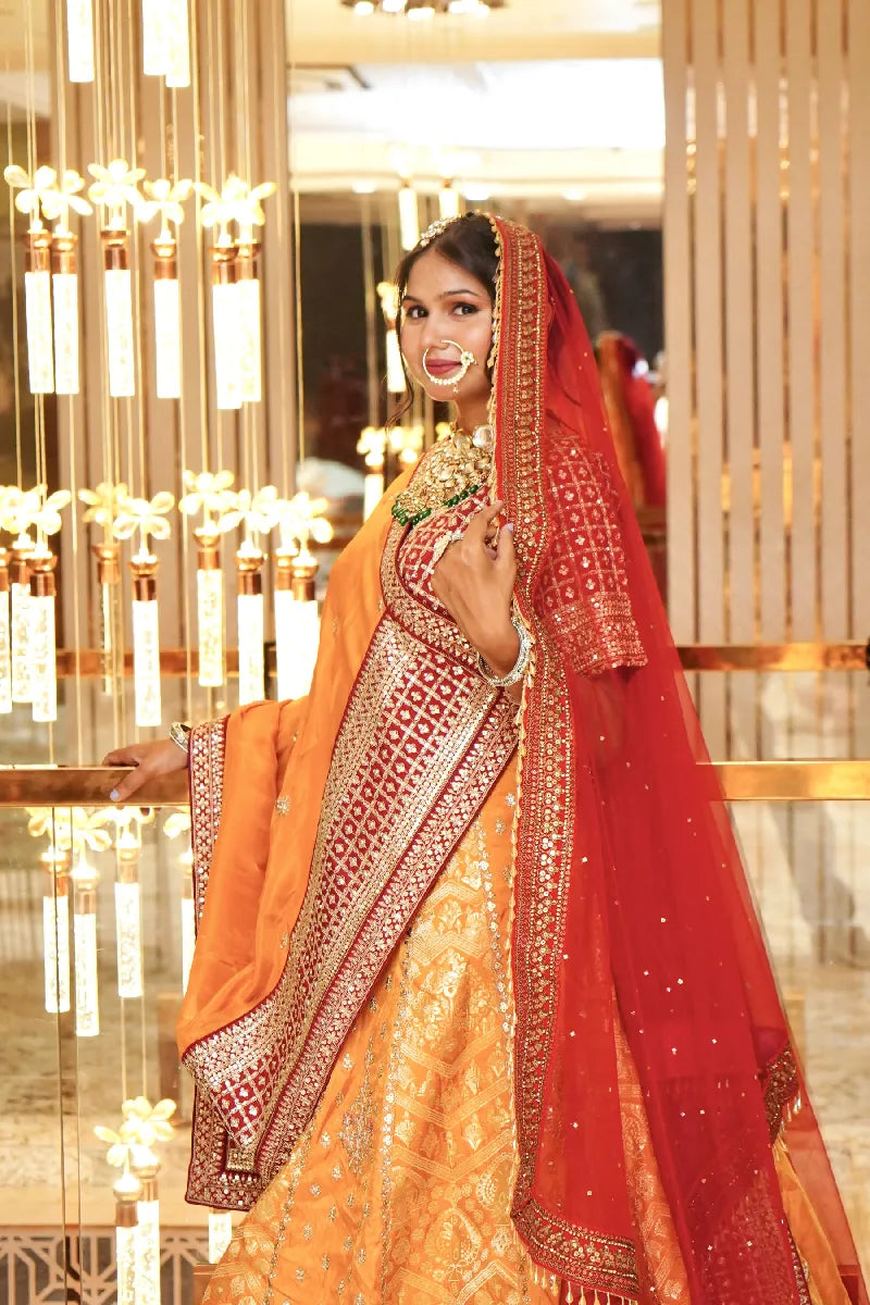 RUST COLOR THREE PIECES BRIDAL CROP TOP INDO WESTERN