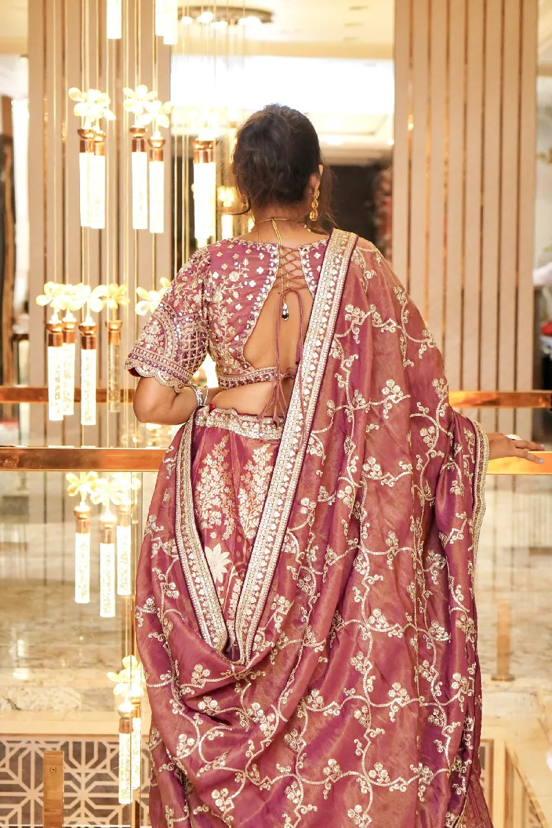 WINE COLOR THREE PIECES BRIDAL CROP TOP INDO WESTERN