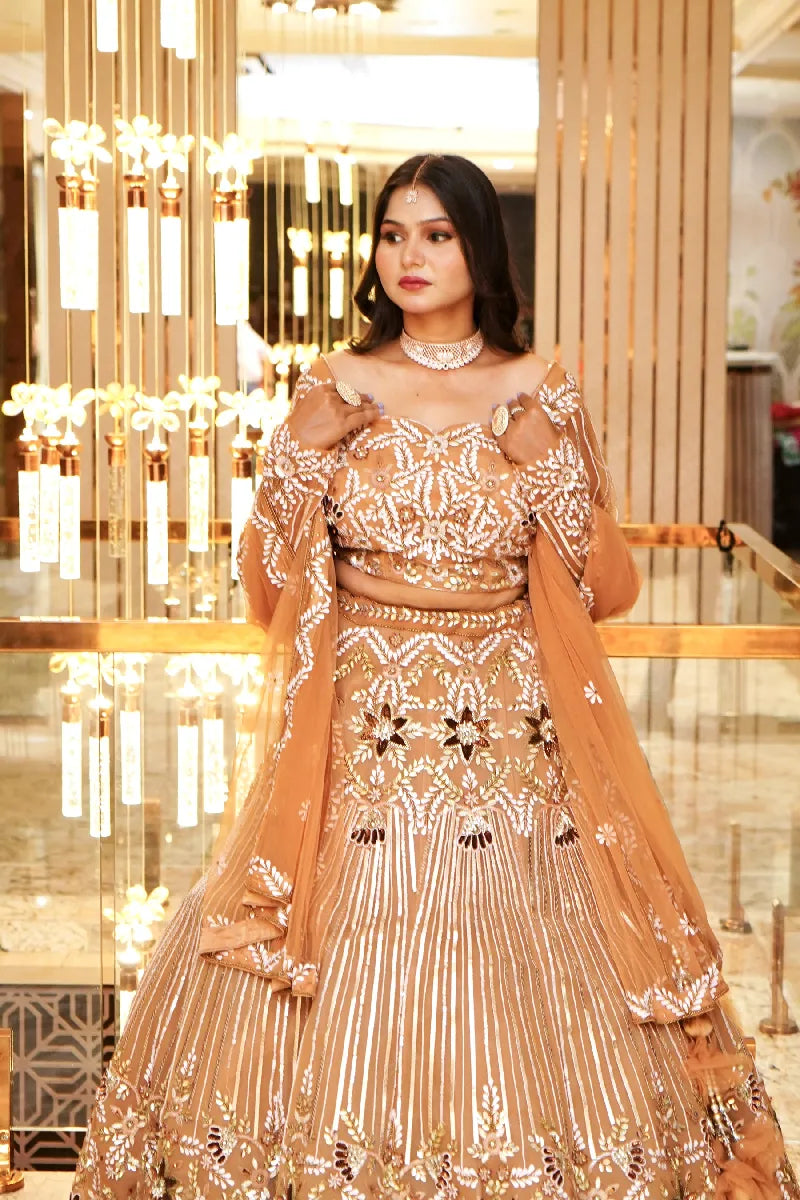BEIGE BROWN COLOR THREE PIECES CROP TOP INDO-WESTERN