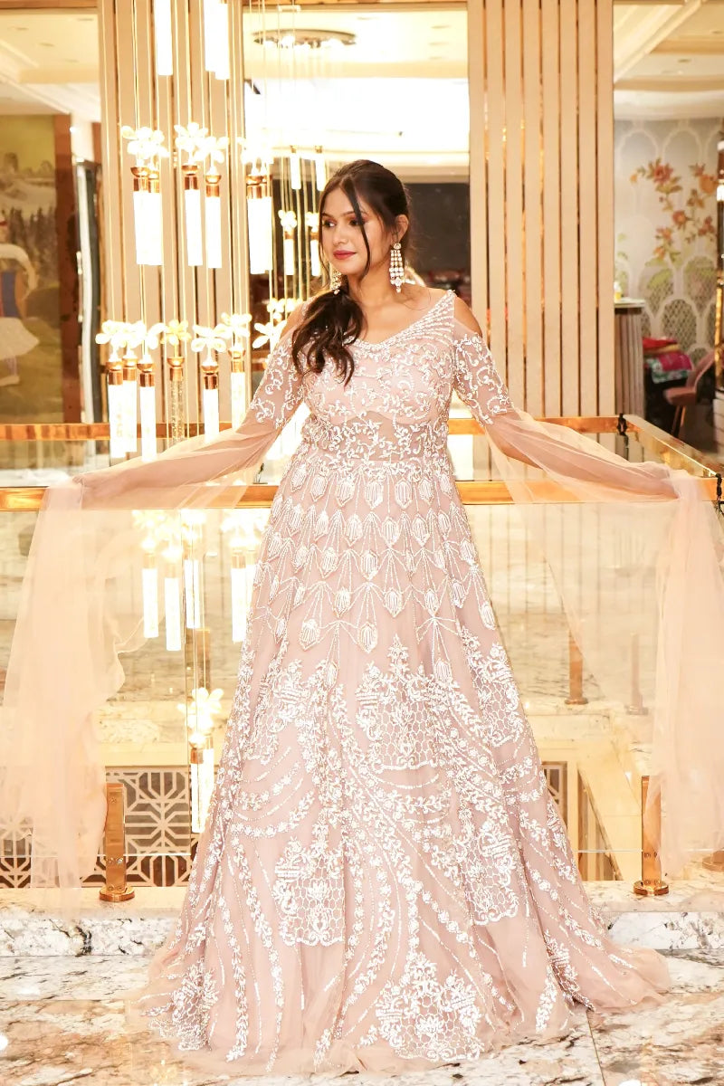 BABY PINK COLOR TWO PIECES CROP TOP GOWN INDO-WESTERN