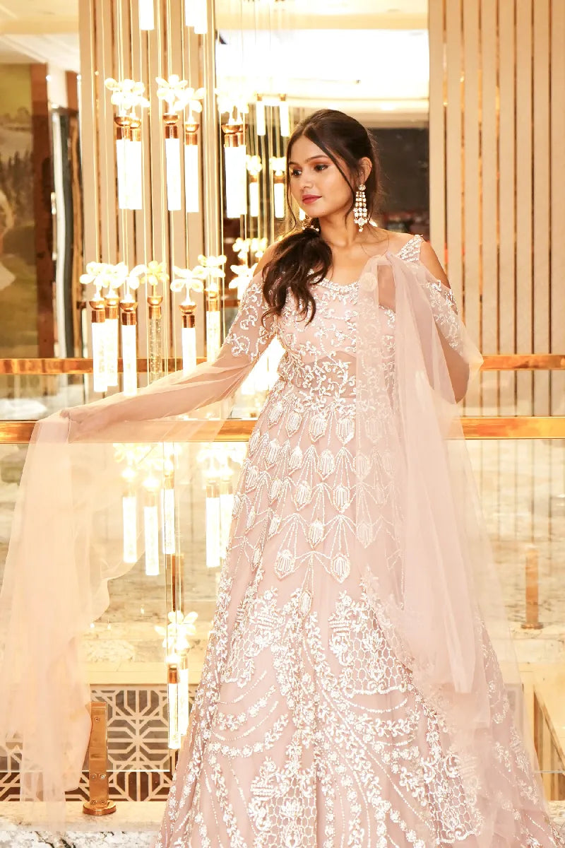 BABY PINK COLOR TWO PIECES CROP TOP GOWN INDO-WESTERN
