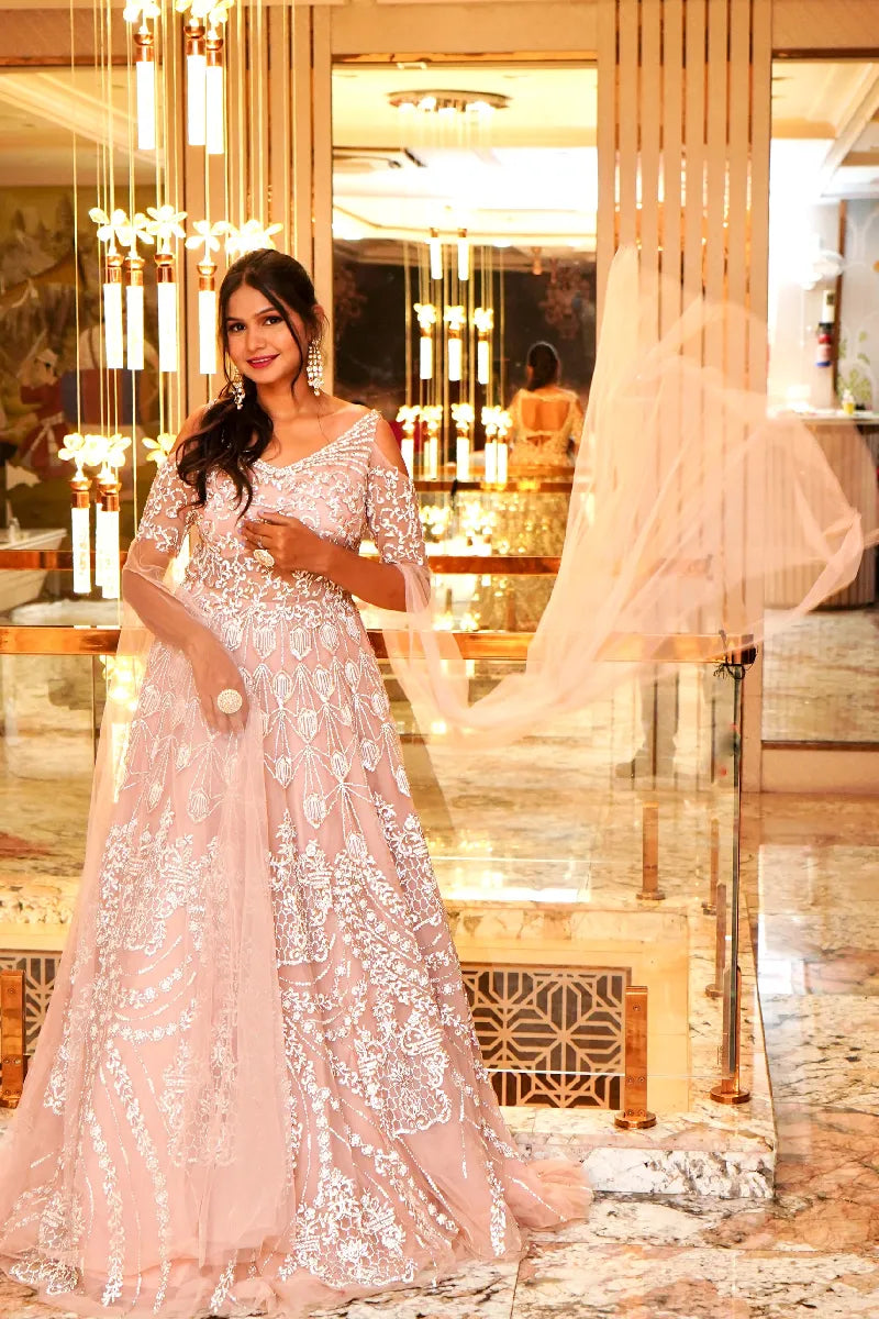 BABY PINK COLOR TWO PIECES CROP TOP GOWN INDO-WESTERN