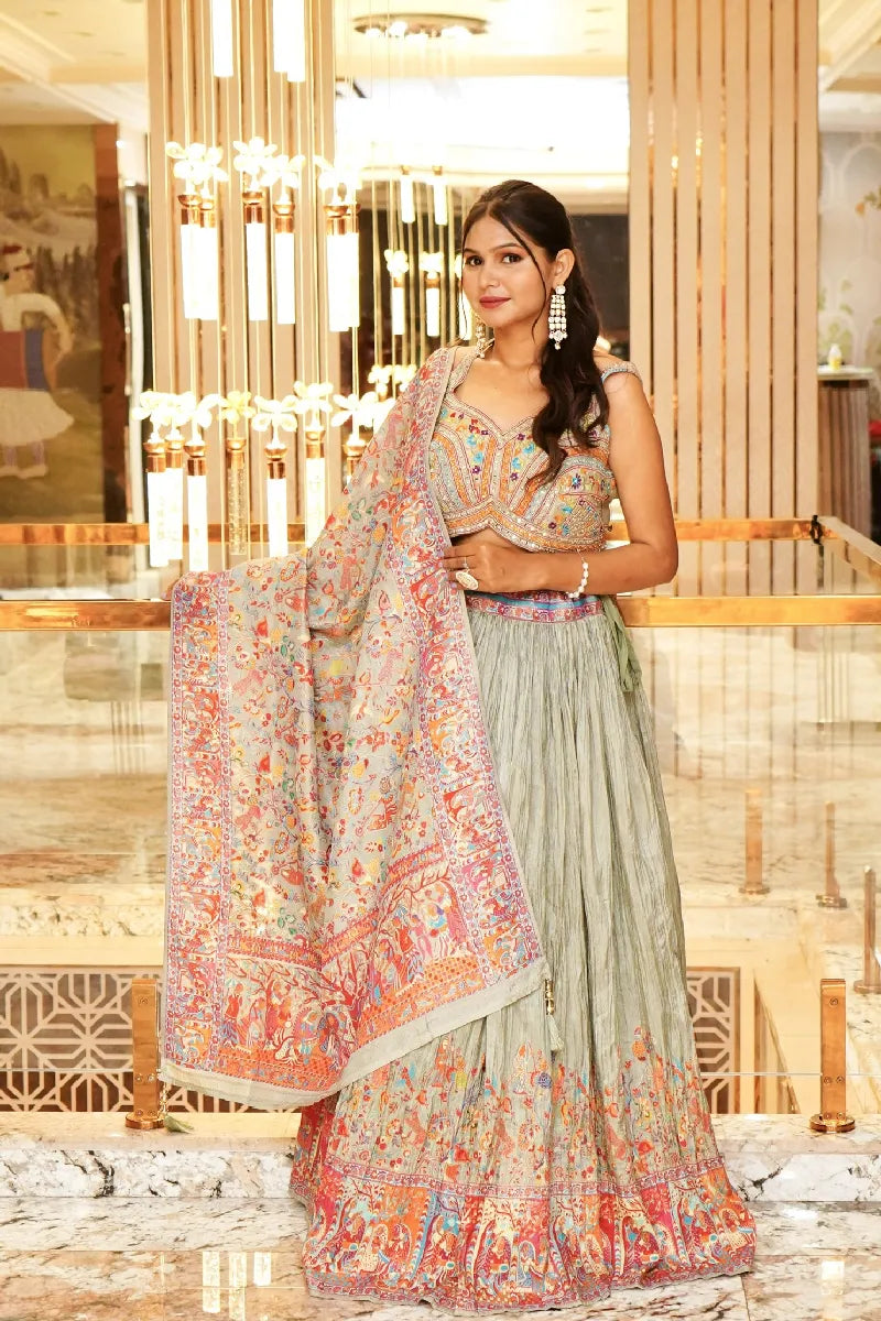 MEHENDI COLOR THREE PIECES CROP TOP GOWN INDO-WESTERN