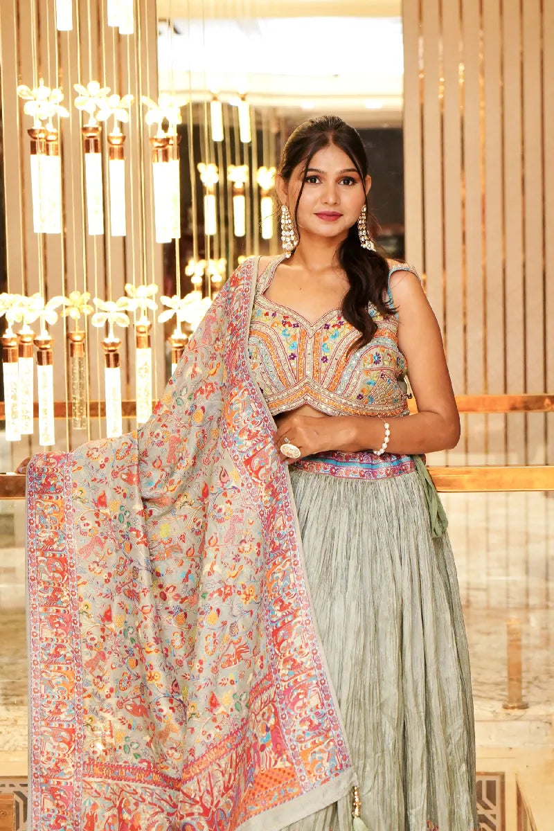 MEHENDI COLOR THREE PIECES CROP TOP GOWN INDO-WESTERN